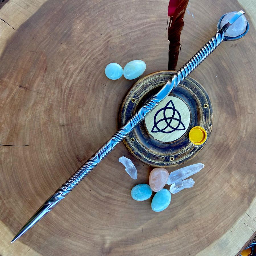 Iron Wand with small clear quartz sphere -  Vine Twist