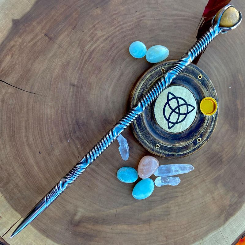 Iron Wand with small orange jasper sphere -  Bi Directional Twist