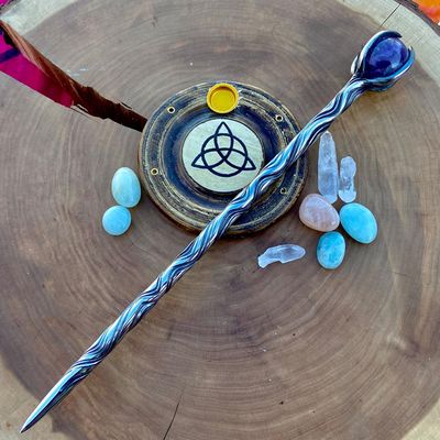 Iron Wand with Amethyst sphere - Vine Twist double groove tight twists