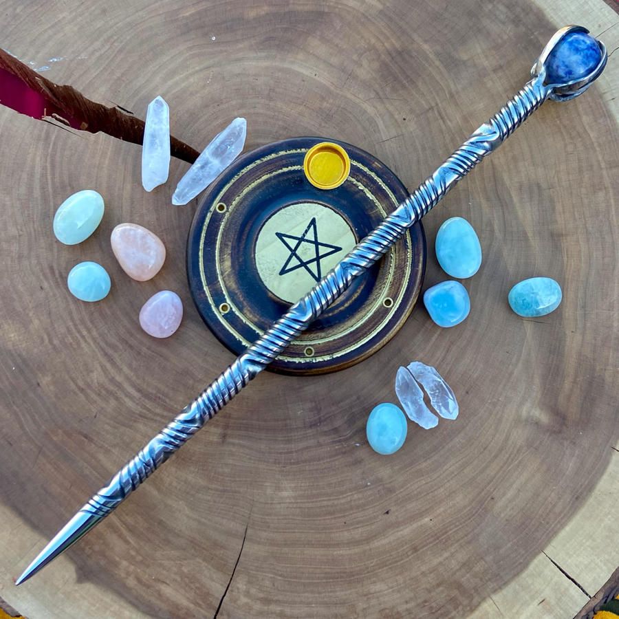 Iron Wand with small sodalite sphere -  Bi Directional Twist