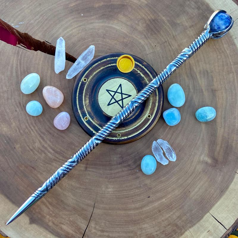 Iron Wand with small sodalite sphere -  Bi Directional Twist