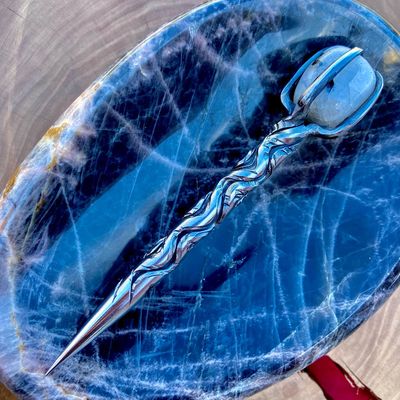 Crystal Burin With Rainbow Moonstone Rippled Vine Twist