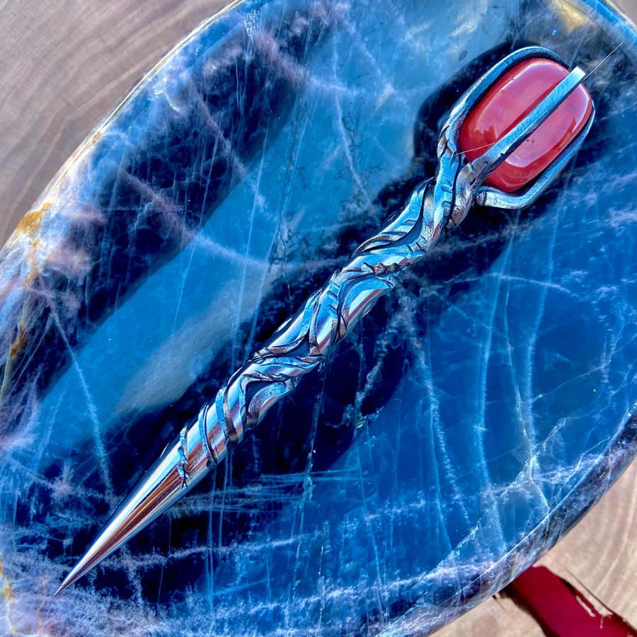 Crystal Burin With Strawberry Quartz Rippled Vine Twist