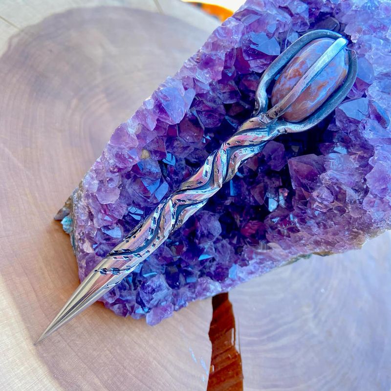 Crystal Burin With Cherry Blossom Agate and Speckled Vine Twist