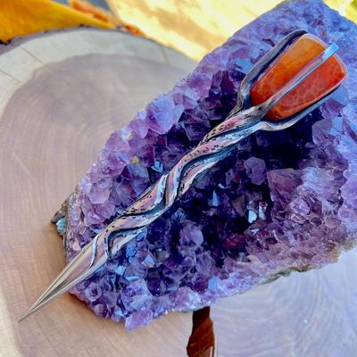 Crystal Burin With Fire Agate and Speckled Vine Twist