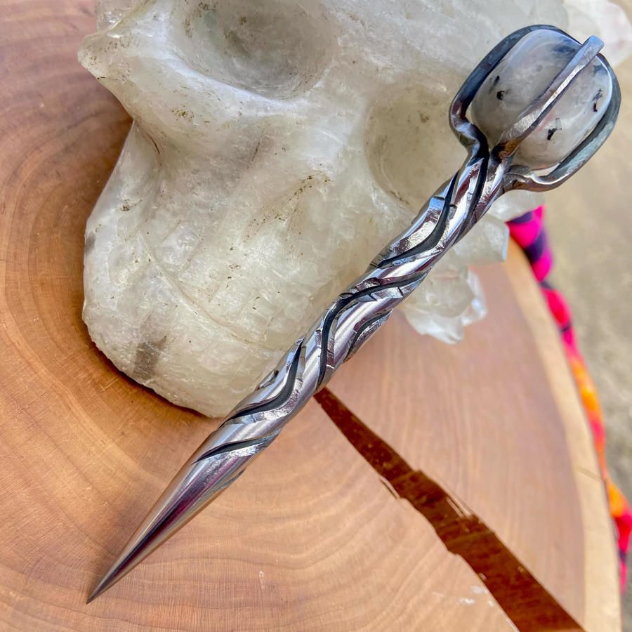 Crystal Burin With Rainbow Moonstone and Hatched Vine Twist