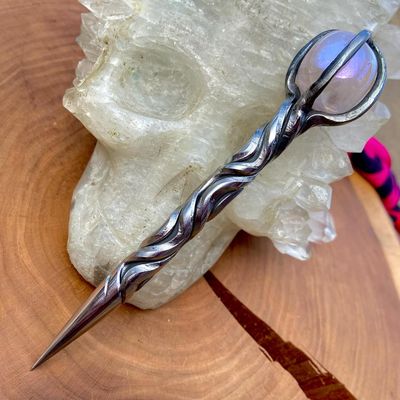 Crystal Burin With Rainbow Rose Quartz and Crossed Vine Twist