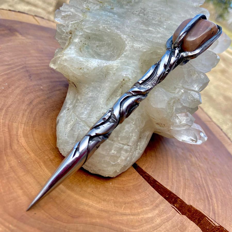 Crystal Burin With Peach Moonstone and Hatched Vine Twist