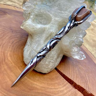 Crystal Burin With Peach Moonstone and Hatched Vine Twist