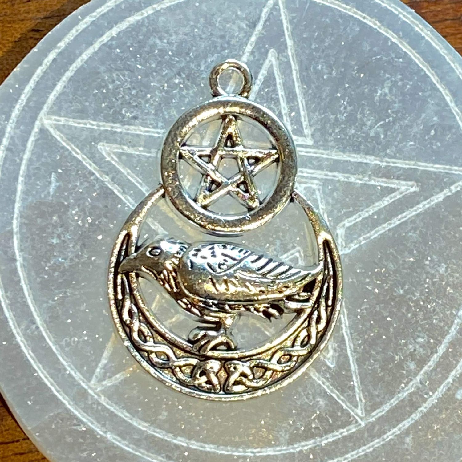 Extra Large Silver Finish Raven Crescent Moon Pentacle Decal 1 inch diameter