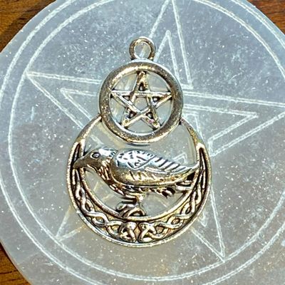 Extra Large Silver Finish Raven Crescent Moon Pentacle Decal 1 inch diameter
