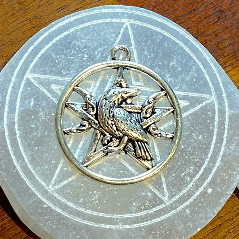 Extra Large Silver Finish Raven Triple Moon Pentacle Decal 1.125 inch diameter