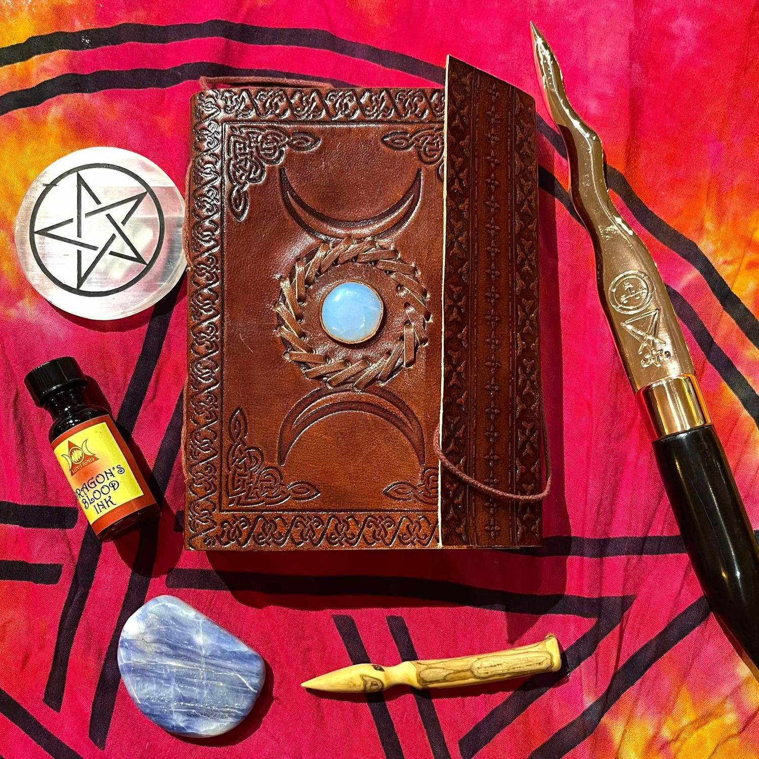 Leather Journal Pentacle Triple Moon with Opalite