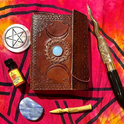 Leather Journal Pentacle Triple Moon with Opalite
