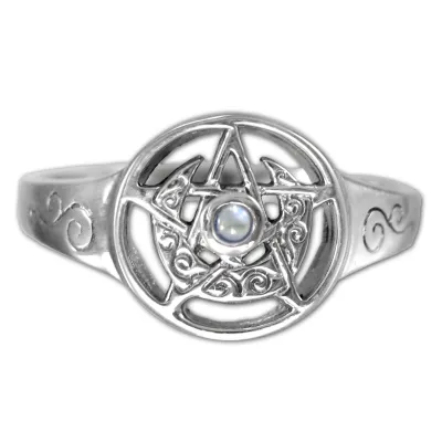 Sterling Silver Crescent Moon Pentacle Ring with Rainbow Moonstone