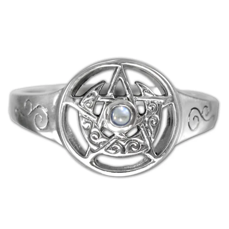 Sterling Silver Crescent Moon Pentacle Ring with Rainbow Moonstone