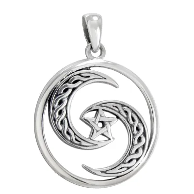 Sterling Silver Crescent Moon Pentagram Spiral Pendant