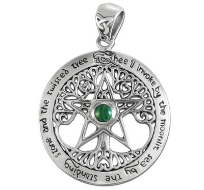 Sterling Silver Extra Large Cut Out Tree Pentacle Pendant with Malachite Sterling Silver Extra Large Cut Out Tree Pentacle Pendant with Malachite