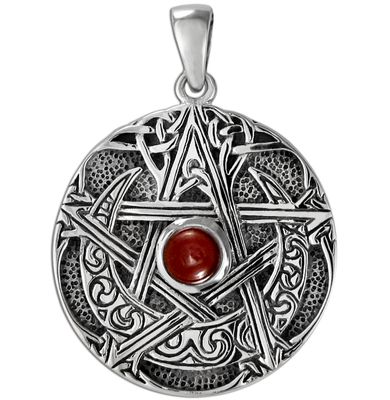 Sterling Silver Large Moon Pentacle Pendant with Garnet