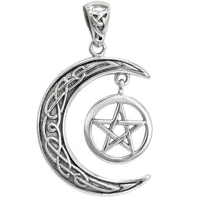 Sterling Silver Celtic Knotwork Crescent Moon Pentagram Pendant