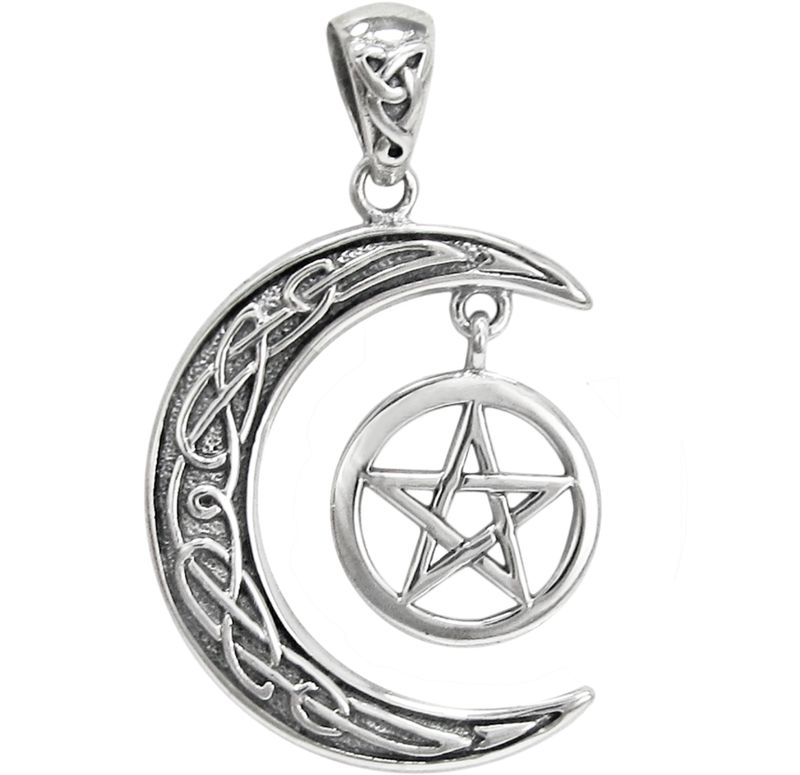 Sterling Silver Celtic Knotwork Crescent Moon Pentagram Pendant