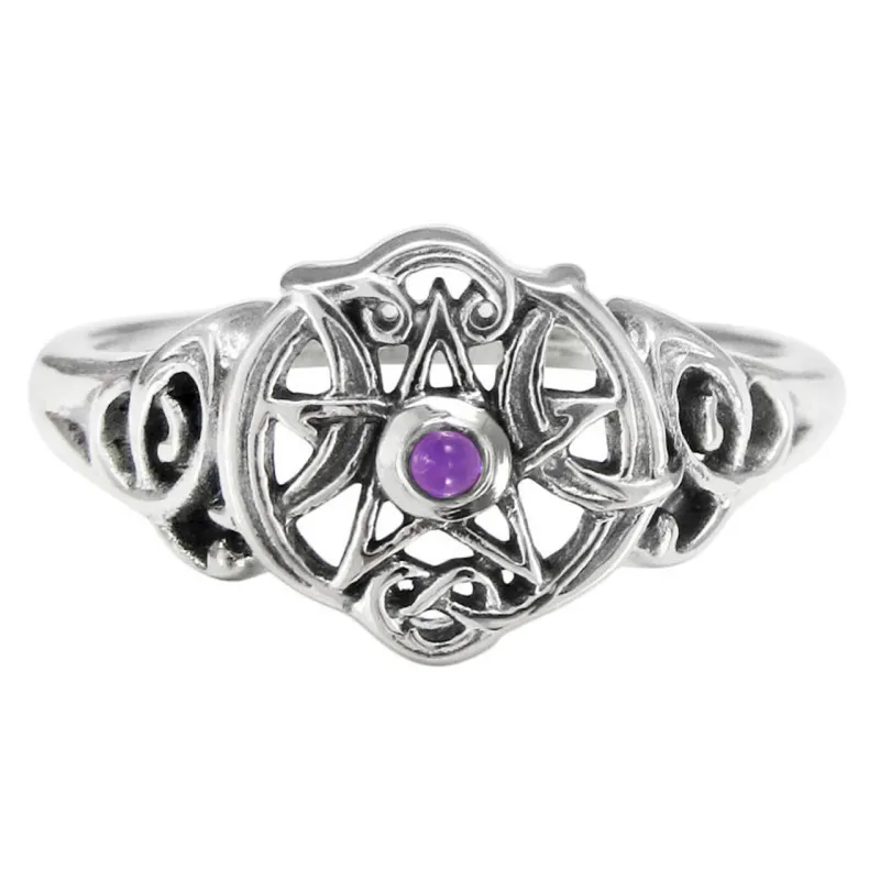 Sterling Silver Heart Pentacle Ring with Amethyst