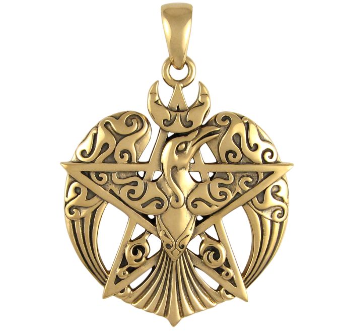 Bronze Large Crescent Raven Pentacle Pendant