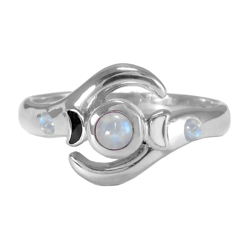 Sterling Silver Moonstone Lunar Phases Triple Goddess Ring