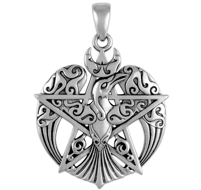 Sterling Silver Large Crescent Raven Pentacle Pendant