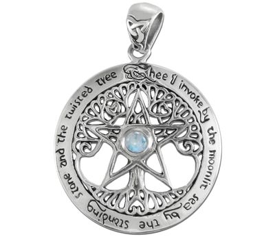 Sterling Silver Extra Large Cut Out Tree Pentacle Pendant with Rainbow Moonstone