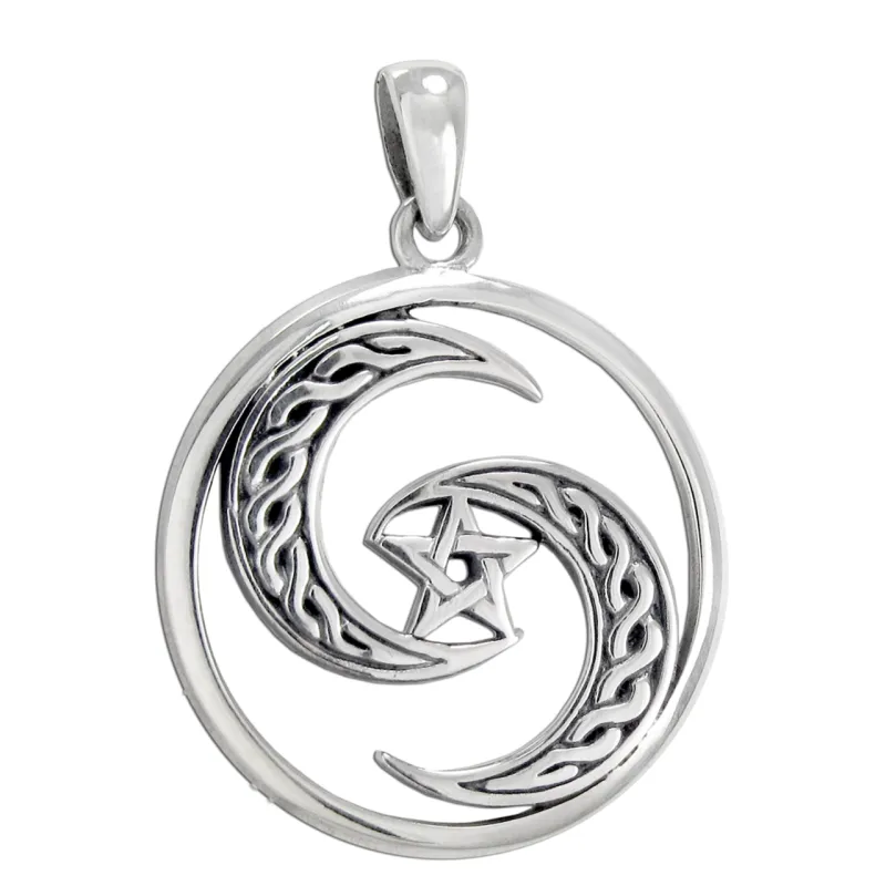Sterling Silver Crescent Moon Pentagram Spiral Pendant