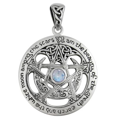 Sterling Silver Large Cut Out Moon Pentacle Pendant with Rainbow Moonstone Sterling Silver Large Cut Out Moon Pentacle Pendant with Rainbow Moonstone