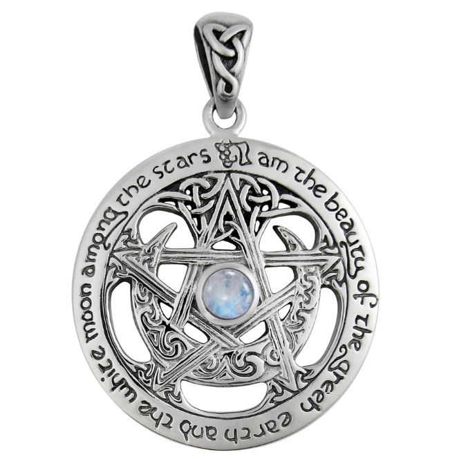 Sterling Silver Large Cut Out Moon Pentacle Pendant with Rainbow Moonstone Sterling Silver Large Cut Out Moon Pentacle Pendant with Rainbow Moonstone