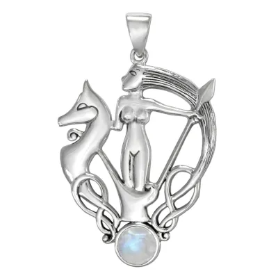 Sterling Silver Morrigan Goddess Pendant with Rainbow Moonstone