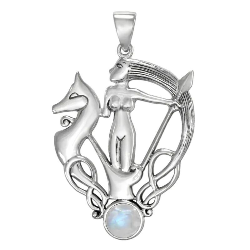 Sterling Silver Morrigan Goddess Pendant with Rainbow Moonstone