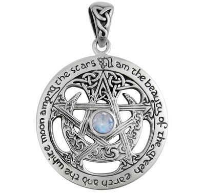 Sterling Silver Extra Large Cut Out Moon Pentacle Pendant with Rainbow Moonstone