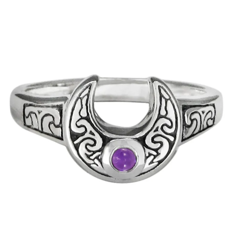 Sterling Silver Horned Moon Ring with Amethyst