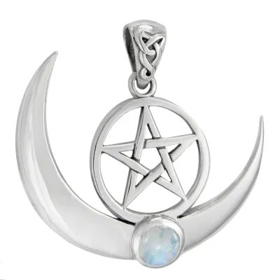 Large Sterling Silver Crescent Moon Pentacle with Rainbow Moonstone Large Sterling Silver Crescent Moon Pentacle with Rainbow Moonstone