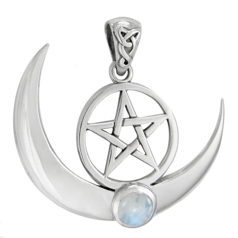 Large Sterling Silver Crescent Moon Pentacle with Rainbow Moonstone Large Sterling Silver Crescent Moon Pentacle with Rainbow Moonstone