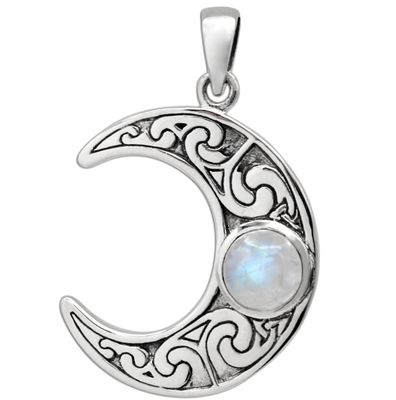 Sterling Silver Horned Moon Crescent Pendant with Rainbow Moonstone