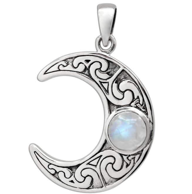 Sterling Silver Horned Moon Crescent Pendant with Rainbow Moonstone Sterling Silver Horned Moon Crescent Pendant with Rainbow Moonstone