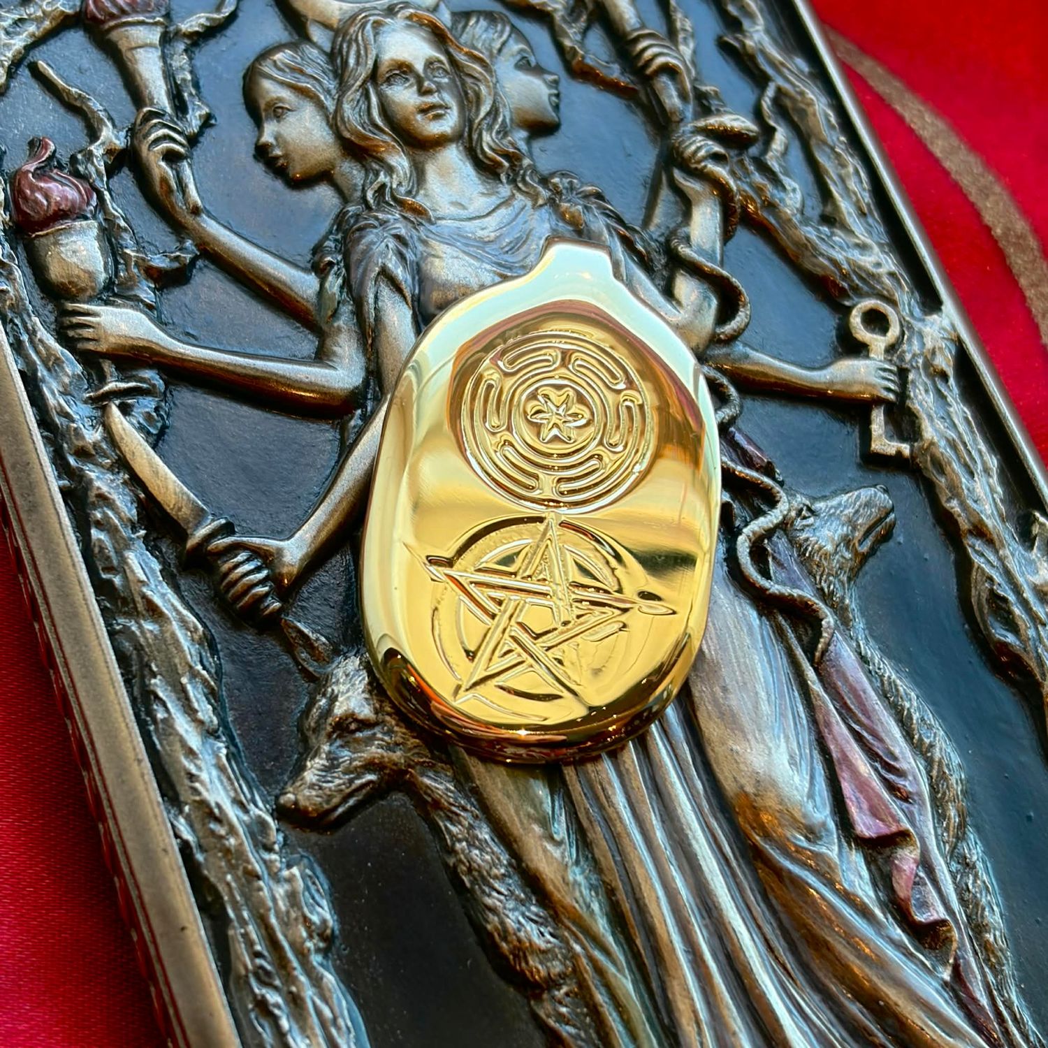 Luna Ignis Brass Hekate Wheel and Pentacle Pendant
