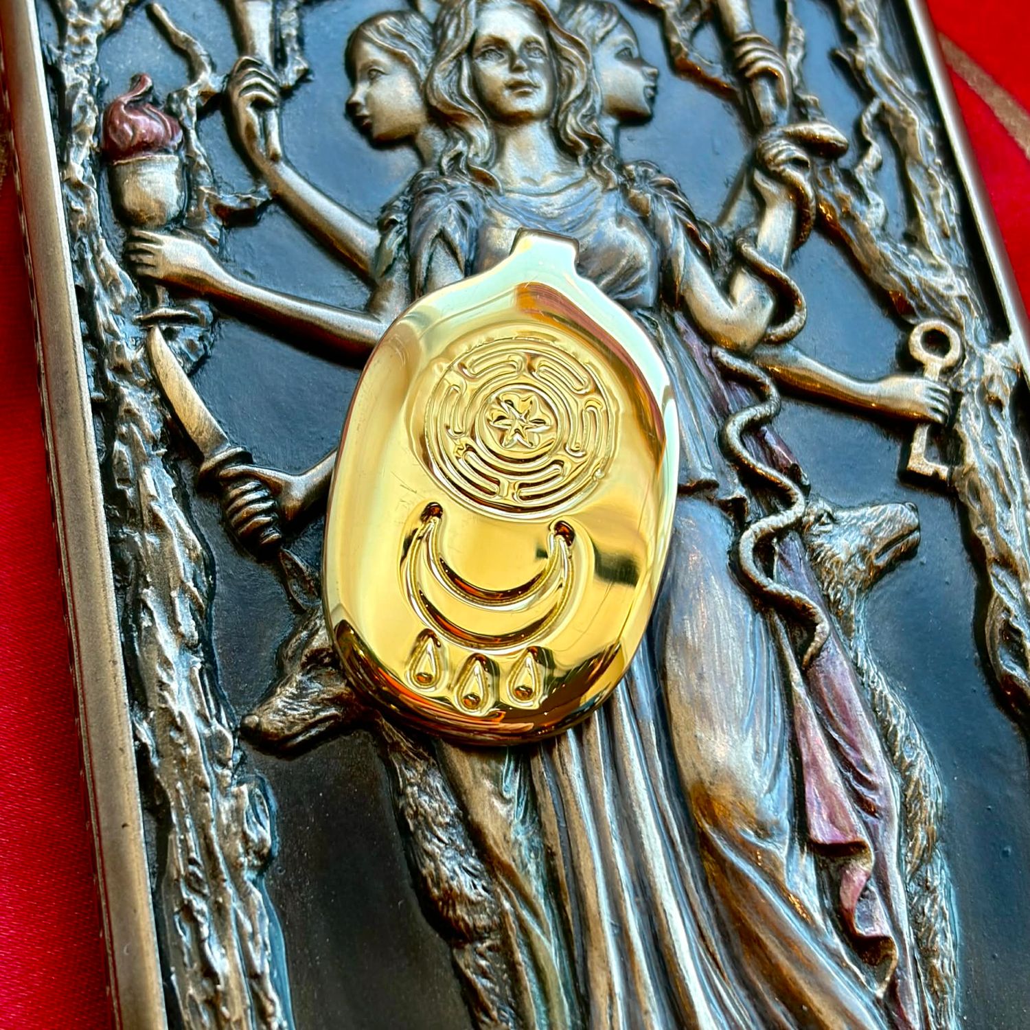 Luna Ignis Brass Hekate Wheel and Crying Moon Pendant