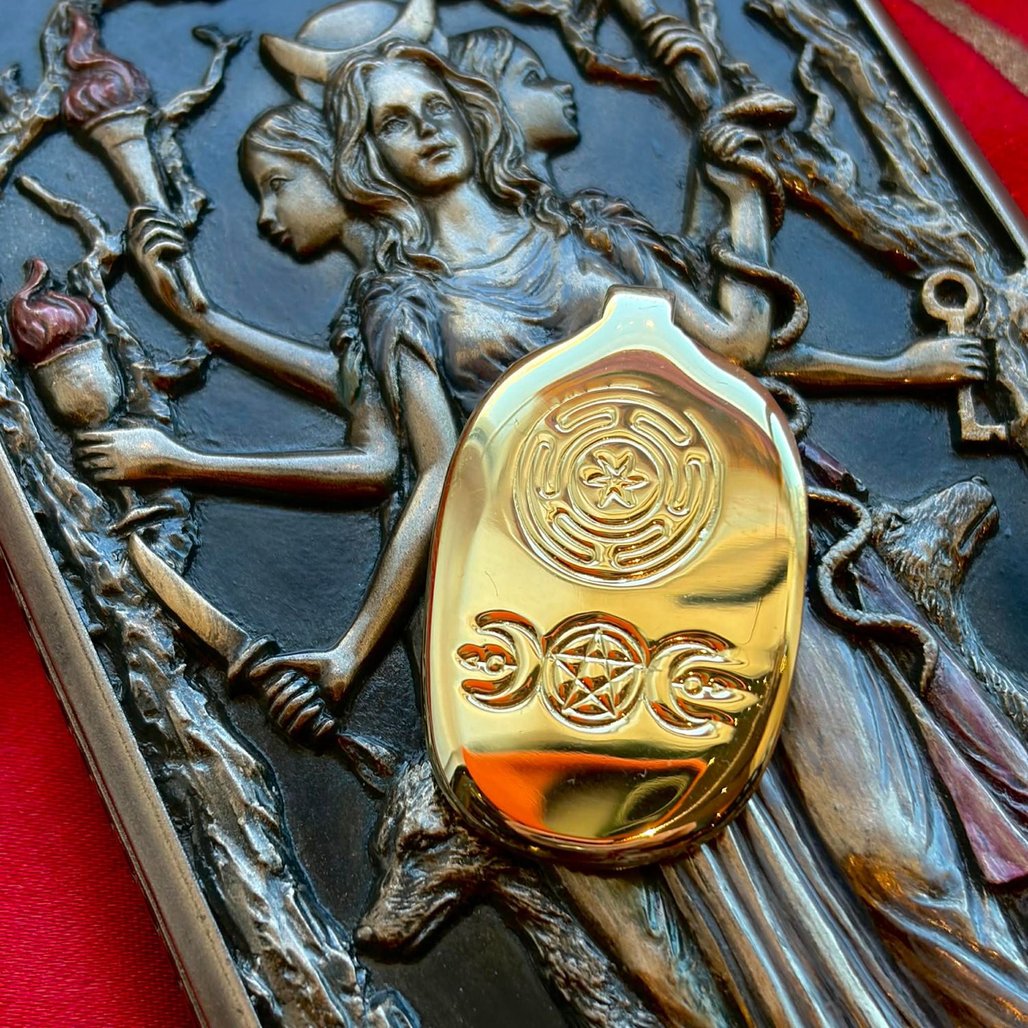 Luna Ignis Brass Hekate Wheel and Triple Moon Pendant