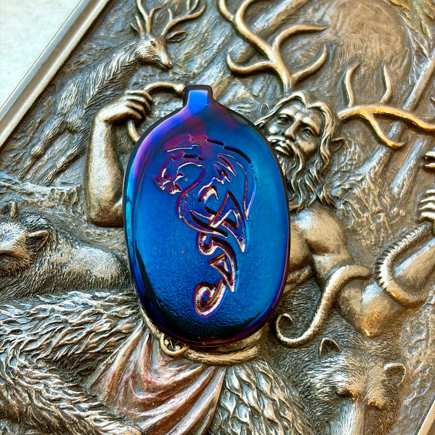 Luna Ignis Colorized Polished Iron Totem Celtic Dragon Pendant