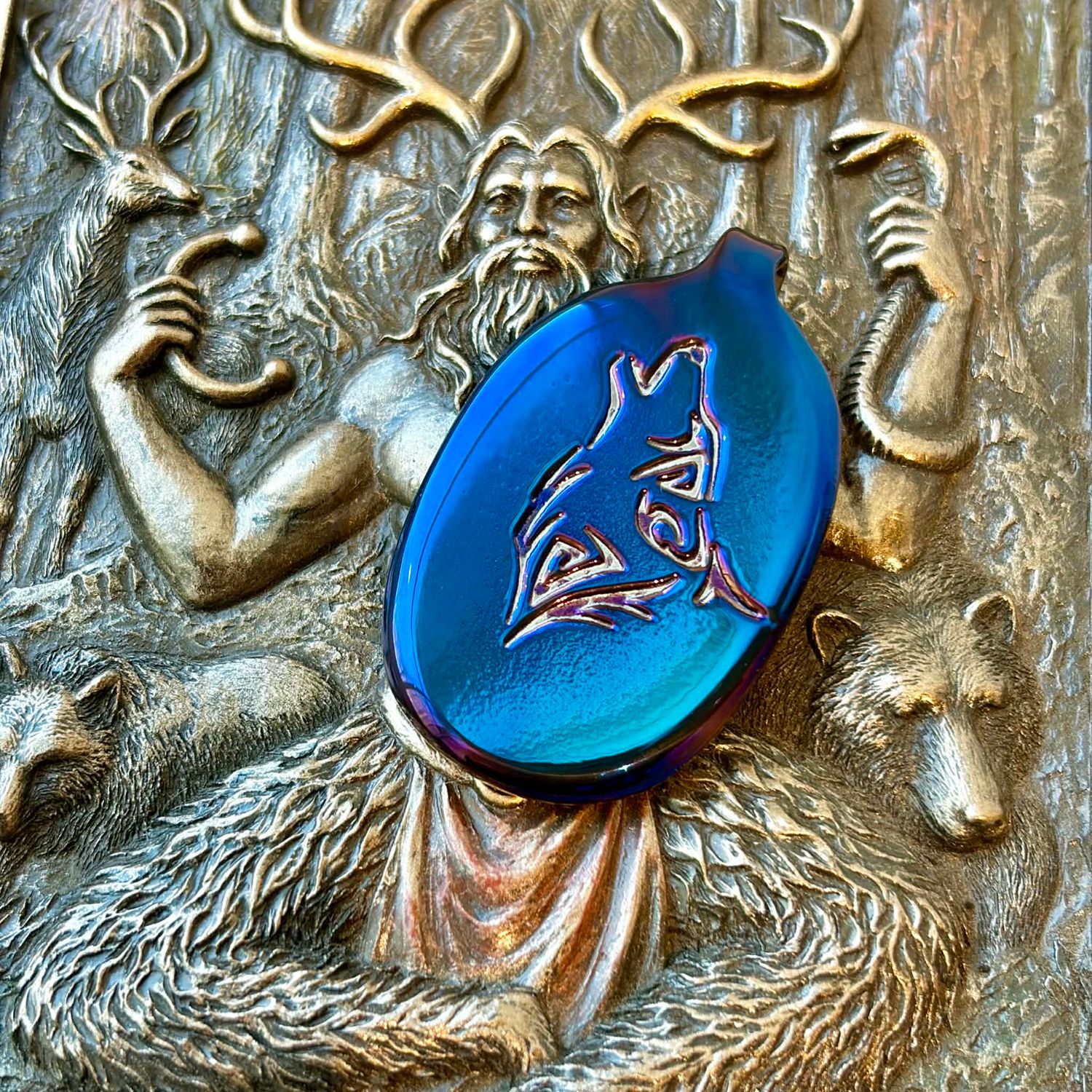 Luna Ignis Colorized Polished Iron Totem Celtic Wolf Pendant