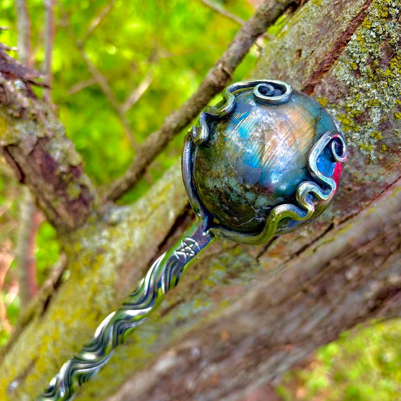 Luna Ignis Hand Forged Iron Witch's Staff Peacock Labradorite