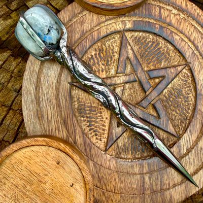 Crystal Burin With Rainbow Moonstone Speckled Vine Twist