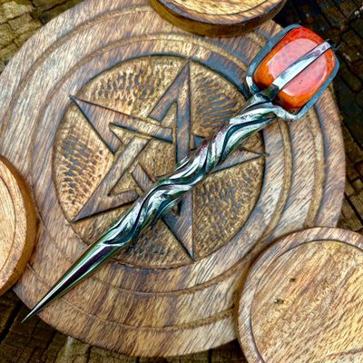 Crystal Burin With Fire Agate Crossed Vine Twist