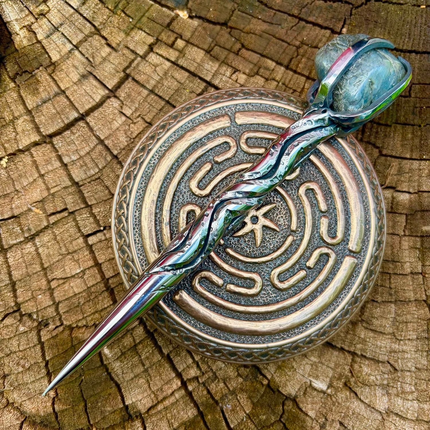 Crystal Burin With Labradorite Speckled Vine Twist